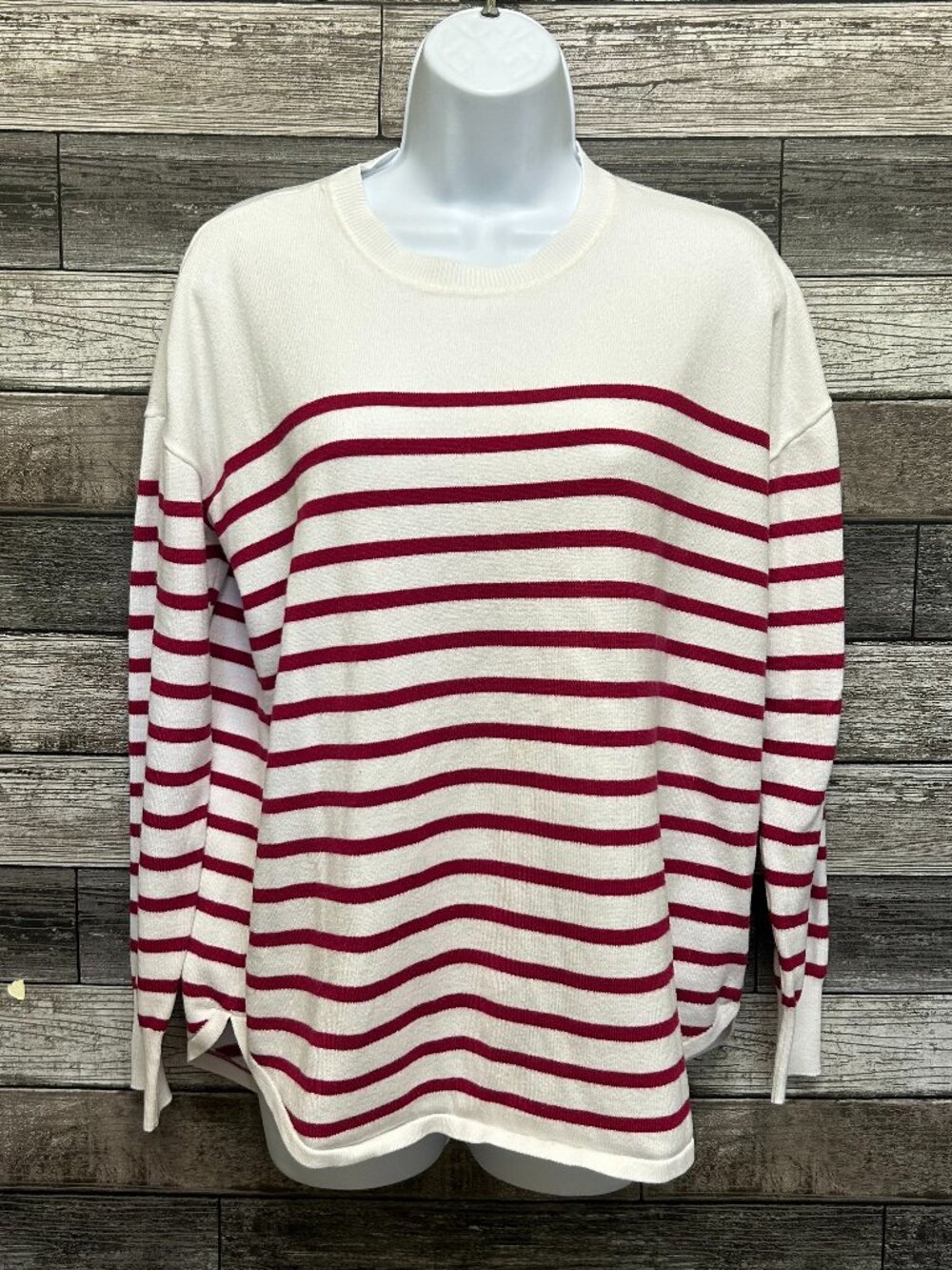 Marled Striped Crewneck Knit Pullover Sweater Cream Red Size M